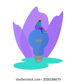 Vector image of a girl sitting on a light bulb. For website and application design.