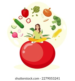 Vector image of a girl sitting on a red tomato and vegetables around. Vegetable illustration for the concept of healthy eating, veganism, fresh vegetables, etc. 