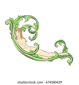 Vector image. The girl is sleeping scrolls. Vegetable color pattern with a girl