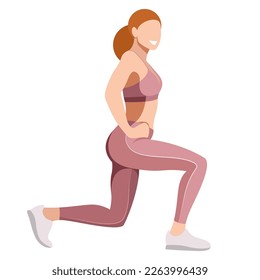 vector image of a girl in a sports uniform (leggings and a sports bra) is engaged in fitness, sports, training. girl squats, does lunges, trains her legs and buttocks. isolated on a white background.