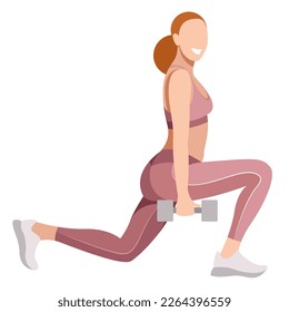 vector image of a girl in a sports uniform (leggings and a sports bra) is engaged in fitness, sports, training. girl squats, does lunges, trains her legs and buttocks. isolated on a white background.