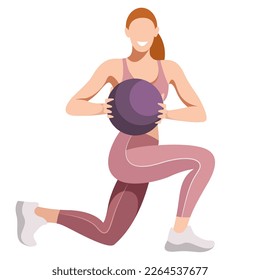 vector image of a girl in a sports uniform (leggings and a sports bra) is engaged in fitness, sports, training. girl squats, does lunges, trains her legs and buttocks. isolated on a white background.