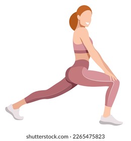 vector image of a girl in a sports uniform (leggings and a sports bra) is engaged in fitness, sports, training. girl squats, does lunges, trains her legs and buttocks. isolated on a white background.