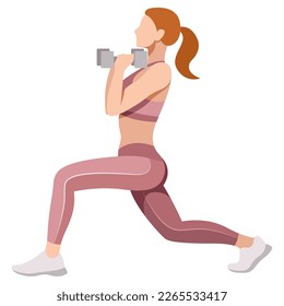 vector image of a girl in a sports uniform (leggings and a sports bra) is engaged in fitness, sports, training. girl squats, does lunges, trains her legs and buttocks. isolated on a white background.