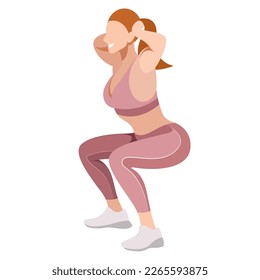 vector image of a girl in a sports uniform (leggings and a sports bra) is engaged in fitness, sports, training. girl squats, does lunges, trains her legs and buttocks. isolated on a white background.