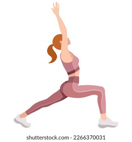 vector image of a girl in a sports uniform (leggings and a sports bra) is engaged in fitness, sports, training. girl squats, does lunges, trains her legs and buttocks. isolated on a white background.