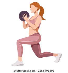 vector image of a girl in a sports uniform (leggings and a sports bra) is engaged in fitness, sports, training. girl squats, does lunges, trains her legs and buttocks. isolated on a white background.