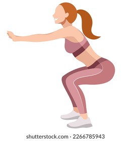 vector image of a girl in a sports uniform (leggings and a sports bra) is engaged in fitness, sports, training. girl squats, does lunges, trains her legs and buttocks. isolated on a white background.