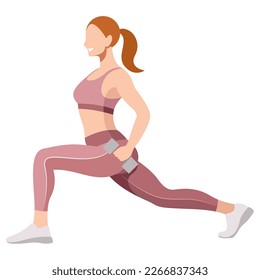 vector image of a girl in a sports uniform (leggings and a sports bra) is engaged in fitness, sports, training. girl squats, does lunges, trains her legs and buttocks. isolated on a white background.