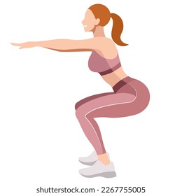 vector image of a girl in a sports uniform (leggings and a sports bra) is engaged in fitness, sports, training. girl squats, does lunges, trains her legs and buttocks. isolated on a white background.