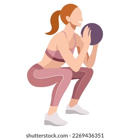 vector image of a girl in a sports uniform (leggings and a sports bra) is engaged in fitness, sports, training. girl squats, does lunges, trains her legs and buttocks. isolated on a white background.