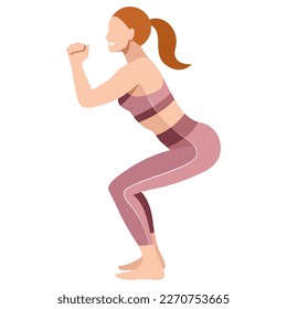 vector image of a girl in a sports uniform (leggings and a sports bra) is engaged in fitness, sports, training. girl squats, does lunges, trains her legs and buttocks. isolated on a white background.