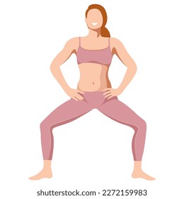 vector image of a girl in a sports uniform (leggings and a sports bra) is engaged in fitness, sports, training. girl squats, does lunges, trains her legs and buttocks. isolated on a white background.
