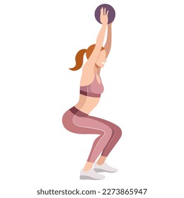 vector image of a girl in a sports uniform (leggings and a sports bra) is engaged in fitness, sports, training. girl squats, does lunges, trains her legs and buttocks. isolated on a white background.