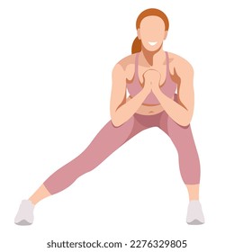 vector image of a girl in a sports uniform (leggings and a sports bra) is engaged in fitness, sports, training. girl squats, does lunges, trains her legs and buttocks. isolated on a white background.