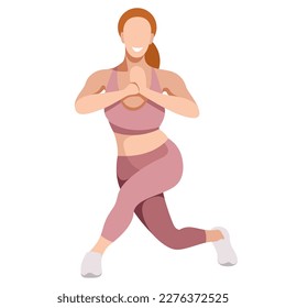 vector image of a girl in a sports uniform (leggings and a sports bra) is engaged in fitness, sports, training. girl squats, does lunges, trains her legs and buttocks. isolated on a white background.