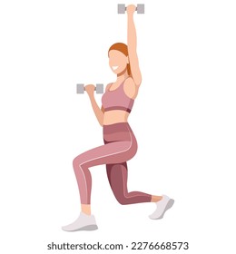 vector image of a girl in a sports uniform (leggings and a sports bra) is engaged in fitness, sports, training. girl squats, does lunges, trains her legs and buttocks. isolated on a white background.