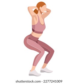 vector image of a girl in a sports uniform (leggings and a sports bra) is engaged in fitness, sports, training. girl squats, does lunges, trains her legs and buttocks. isolated on a white background.