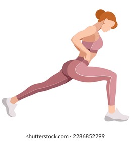 vector image of a girl in a sports uniform (leggings and a sports bra) is engaged in fitness, sports, training. girl squats, does lunges, trains her legs and buttocks. isolated on a white background.