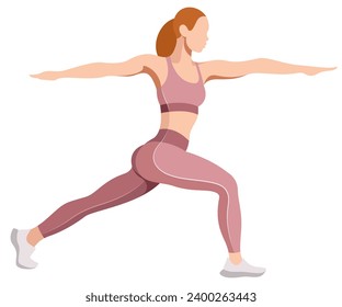 vector image of a girl in a sports uniform (leggings and bra) is engaged in fitness, sports. girl squats, does lunges, trains her legs and buttocks.