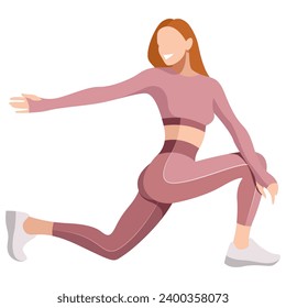 vector image of a girl in a sports uniform (leggings and bra) is engaged in fitness, sports. girl squats, does lunges, trains her legs and buttocks.