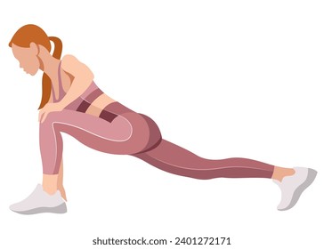 vector image of a girl in a sports uniform (leggings and bra) is engaged in fitness, sports. girl squats, does lunges, trains her legs and buttocks.