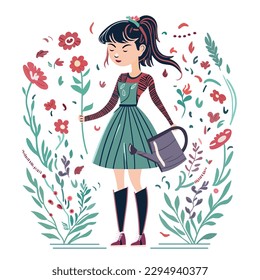 Vector image of a girl standing in a garden with cute flowers. The girl holds a watering can in her hand. Brunette girl in a dress. Flat style.
