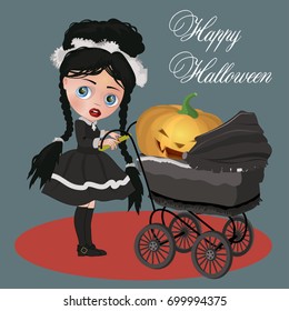 Vector image of a girl with a stroller. Happy Halloween.