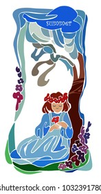 vector image girl in summer wreath 