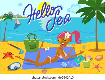 Vector image of a girl sunbathing in a bikini on the beach or ocean with a cocktail. Rest and sunburn.