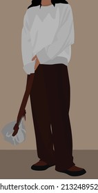 Vector image of a girl in a sweater and loose pants. Girl with a bag and dark hair. Design for avatars, posters, backgrounds, templates, textiles, postcards.