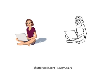 The Vector image of a girl with a tablet. This girl's logo, outline, stroke.
