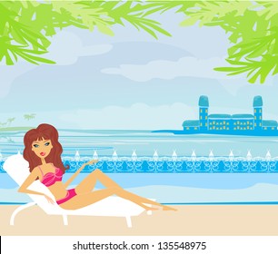vector image of girl and tropical pool