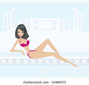 vector image of girl and tropical pool