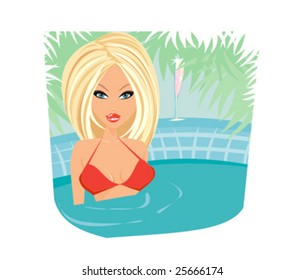 vector image of girl and tropical pool