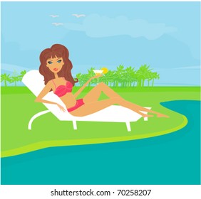 vector image of girl and tropical pool
