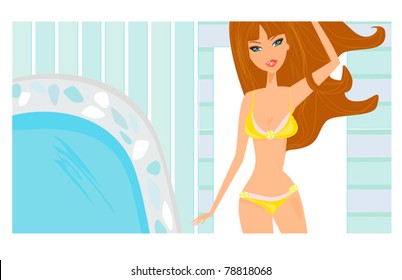 vector image of girl and tropical pool