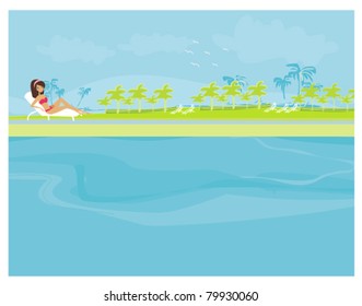 vector image of girl and tropical pool