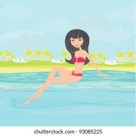 vector image of girl and tropical pool