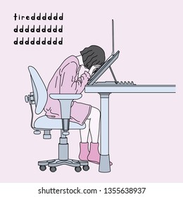 A vector image of a girl using laptop at home wearing pajama fallen asleep