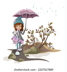 Vector image of a girl walking with a bunny under an umbrella. Cartoon style. Isolated on white background. EPS 10