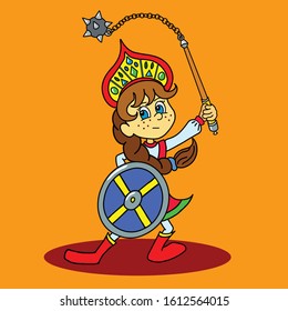 Vector image of a girl warrior in Russian folk costume with a shield and a weapon in his hands on an orange background. Suitable for postcards, notebooks, posters.