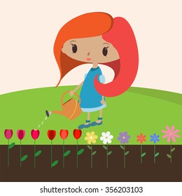 Vector image of girl watering flowers