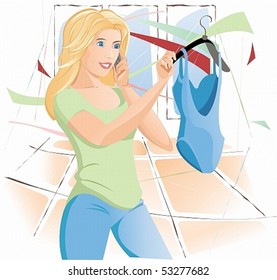vector image of a girl who chooses a swimsuit in the store