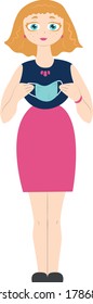 A vector image of a girl who holds a medical mask in her hands, put on medical mask, take off medical mask