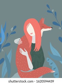 Vector image of a girl who hugs a fox. Hand drawn illustration for your design, package, poster, decoration.