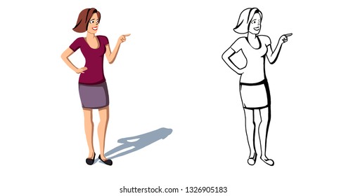 The Vector image of a girl who points with her left hand at an object. This girl's logo, outline, stroke.