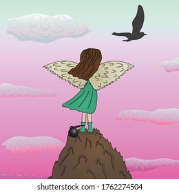 Vector image of a girl with wings who stands on a mountain with a weight on her leg and looks at a bird flying away into the distance