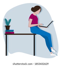 Vector image of a girl working on a laptop. Online training and remote work. Self-employed woman in self-isolation.