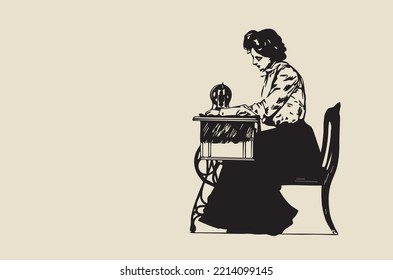 Vector image - girl working on a sewing machine